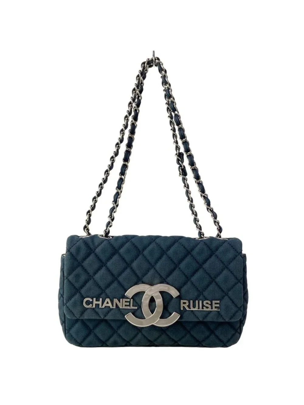 Chanel Shoulder Bag Single Flap Quilted Navy Chain Silver Cruise Line